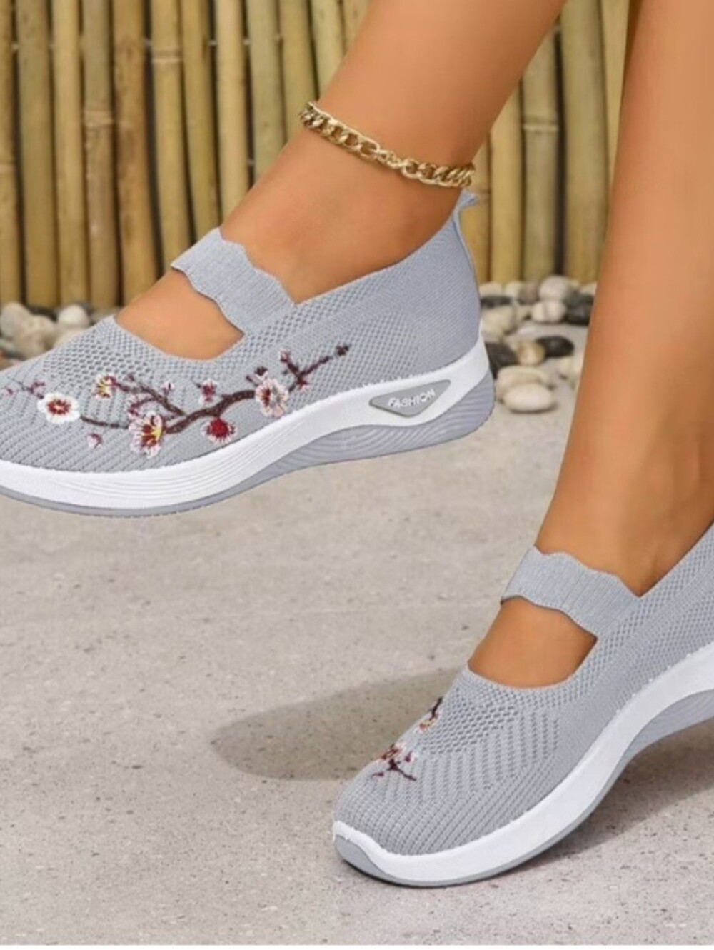 Light Gray Embroidered Mary Jane Walking Shoes.